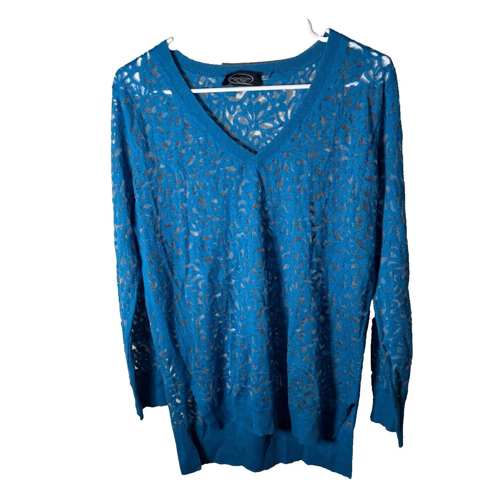 Magaschoni Sweater Women's Large Blue Open Knit 3/4 Sleeve Pullover V-Neck